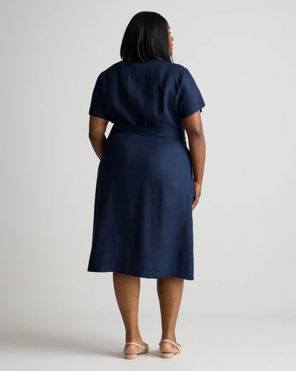 100% European Linen Button Front Dress - 1X / Blue Pinstripe
