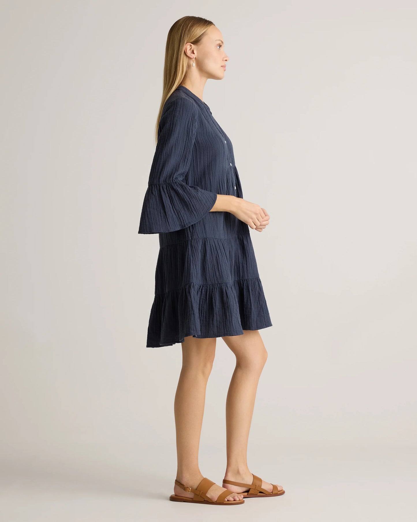 100% Organic Cotton Gauze Long Sleeve Tiered Mini Dress - XS / Amaranth Pink
