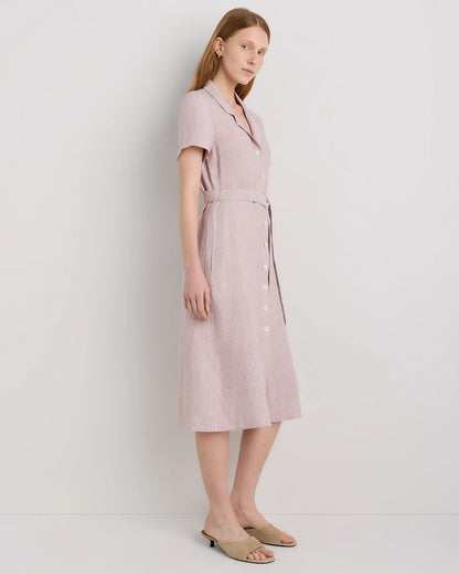 100% European Linen Button Front Dress - XS / Sky Blue Mariner Stripe