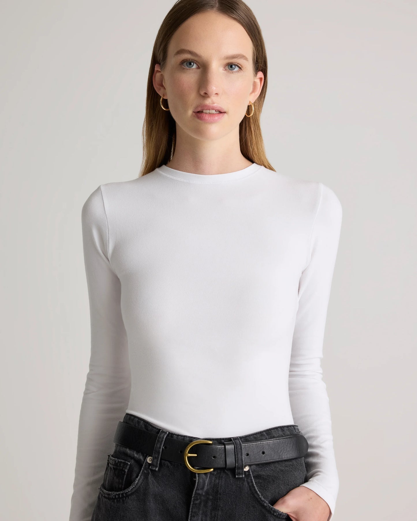 Stretch Cotton Jersey Fitted Long Sleeve T-Shirt - XS / Linen White