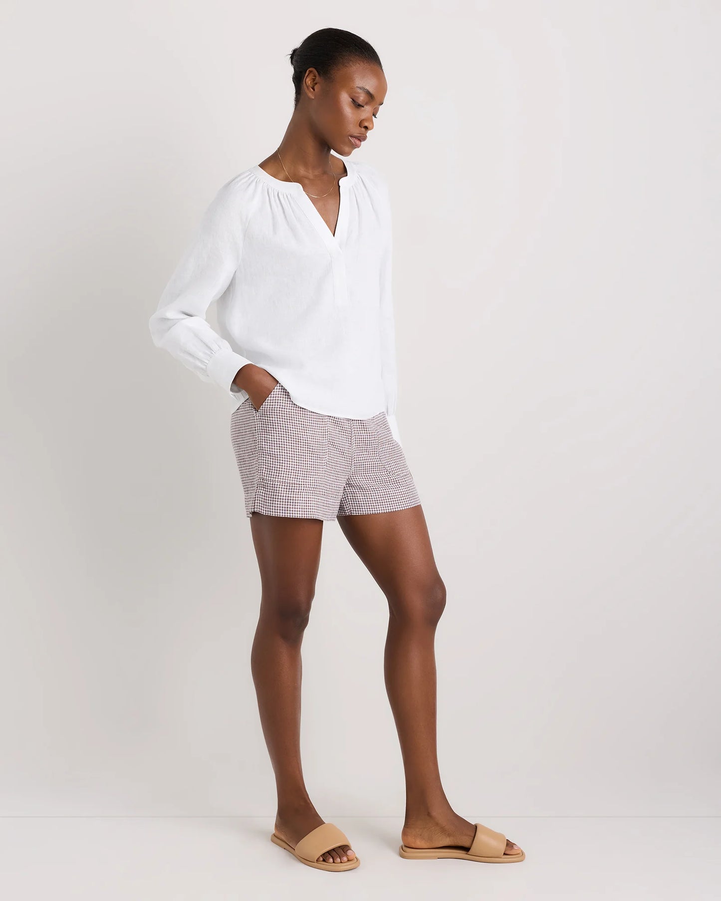 100% European Linen Shorts - XS / Taupe Brown Gingham