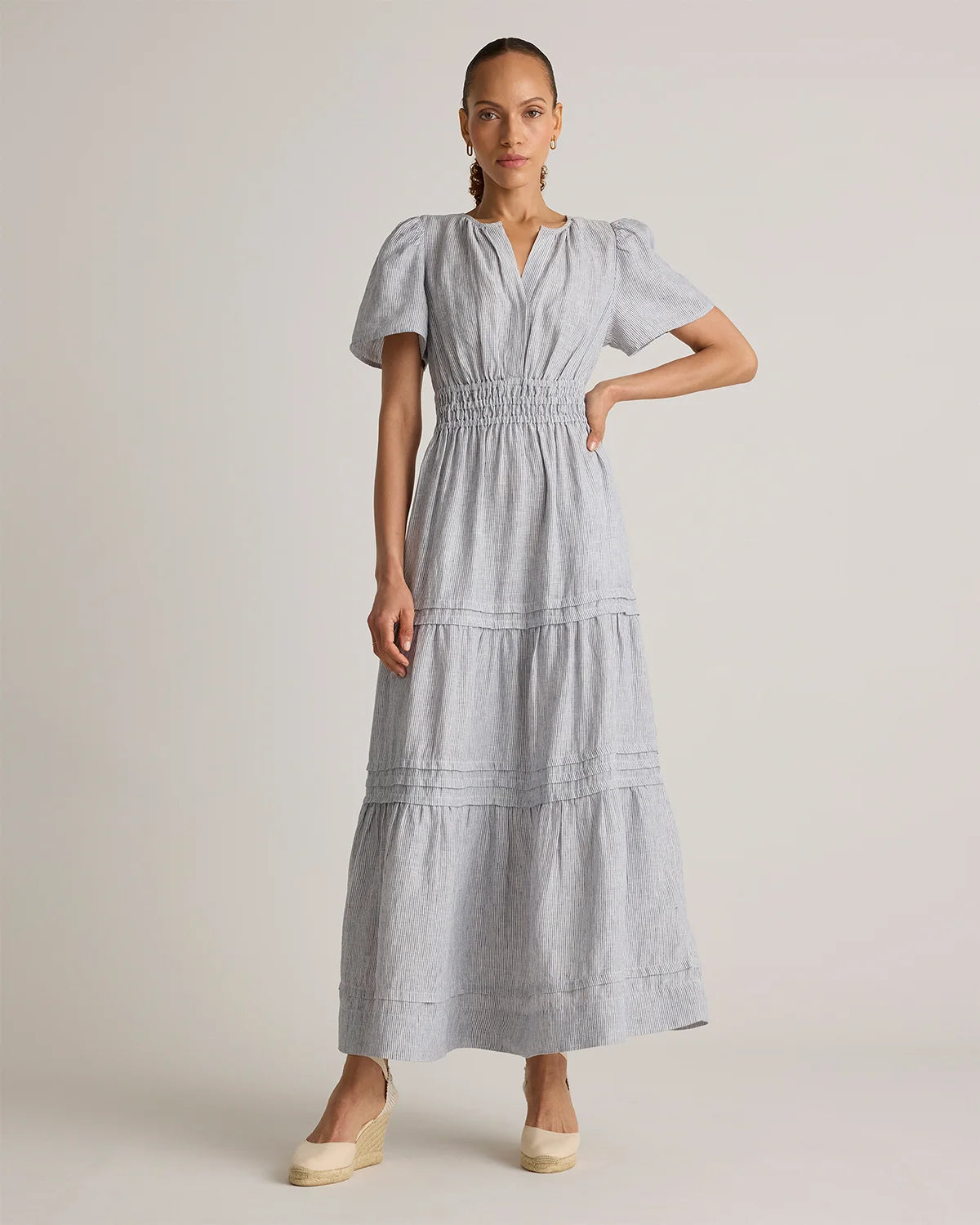 100% European Linen Tiered Maxi Dress - XS / Ivory Porcelain Blue Petite Floral