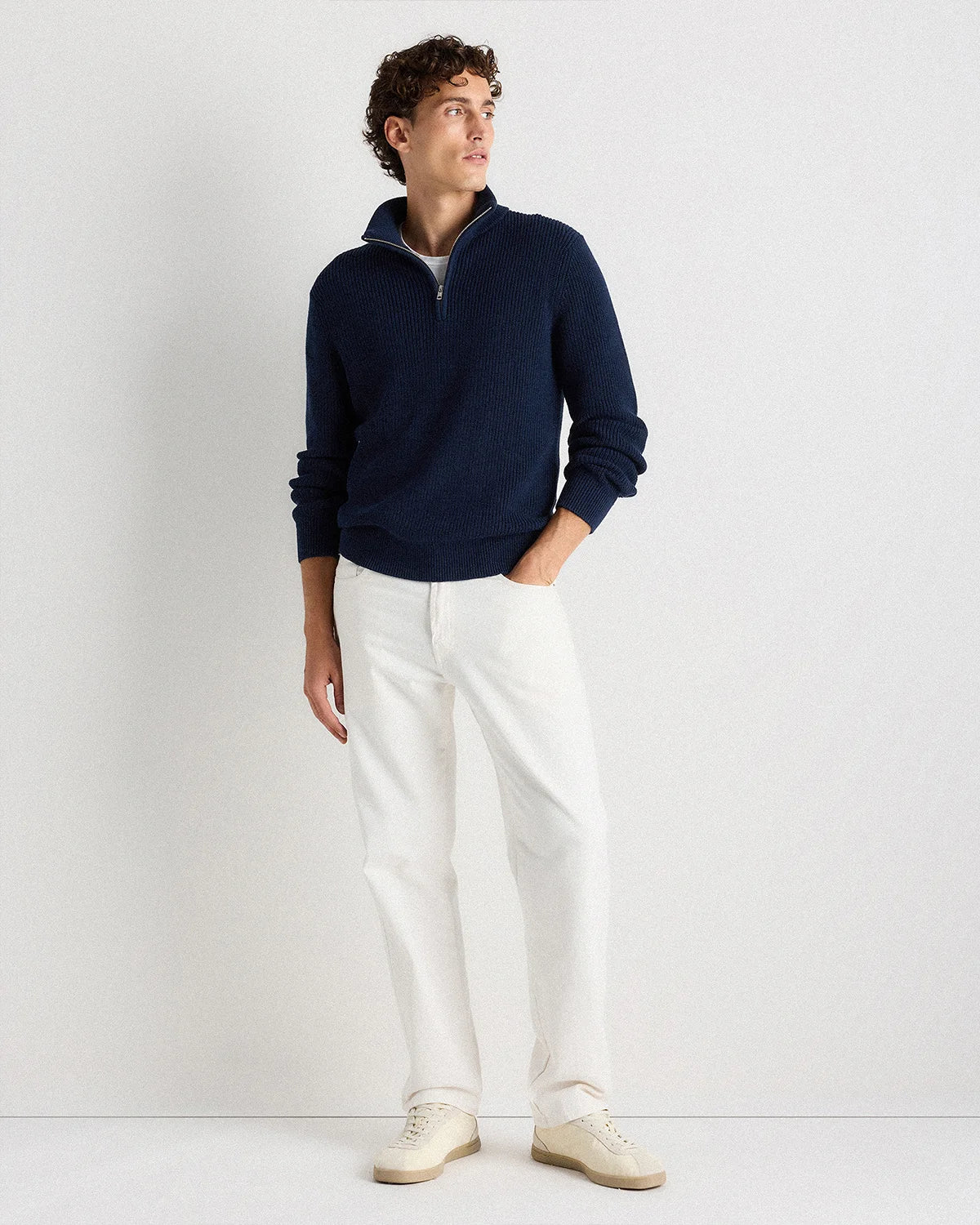 100% Organic Cotton Ribbed Quarter-Zip Sweater - S / Navy