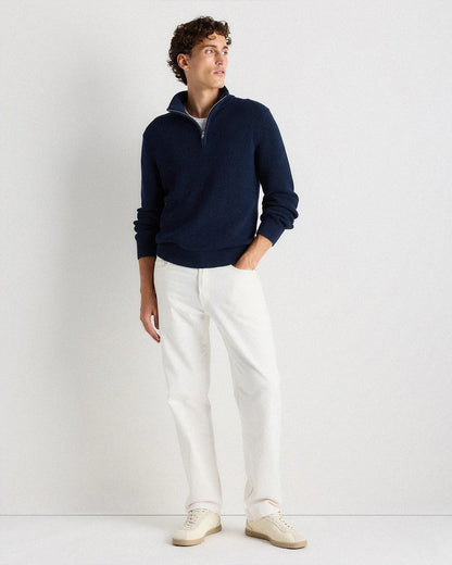100% Organic Cotton Ribbed Quarter-Zip Sweater - S / Navy