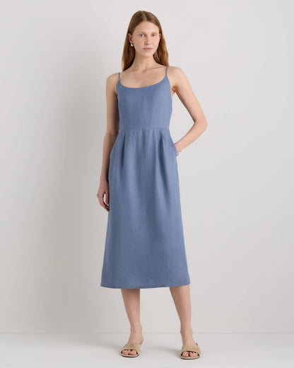 100% European Linen Scoop Neck Midi Dress - XS / Ivory Porcelain Blue Petite Floral