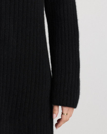 Mongolian Cashmere Ribbed Turtleneck Mini Dress - XS / Black