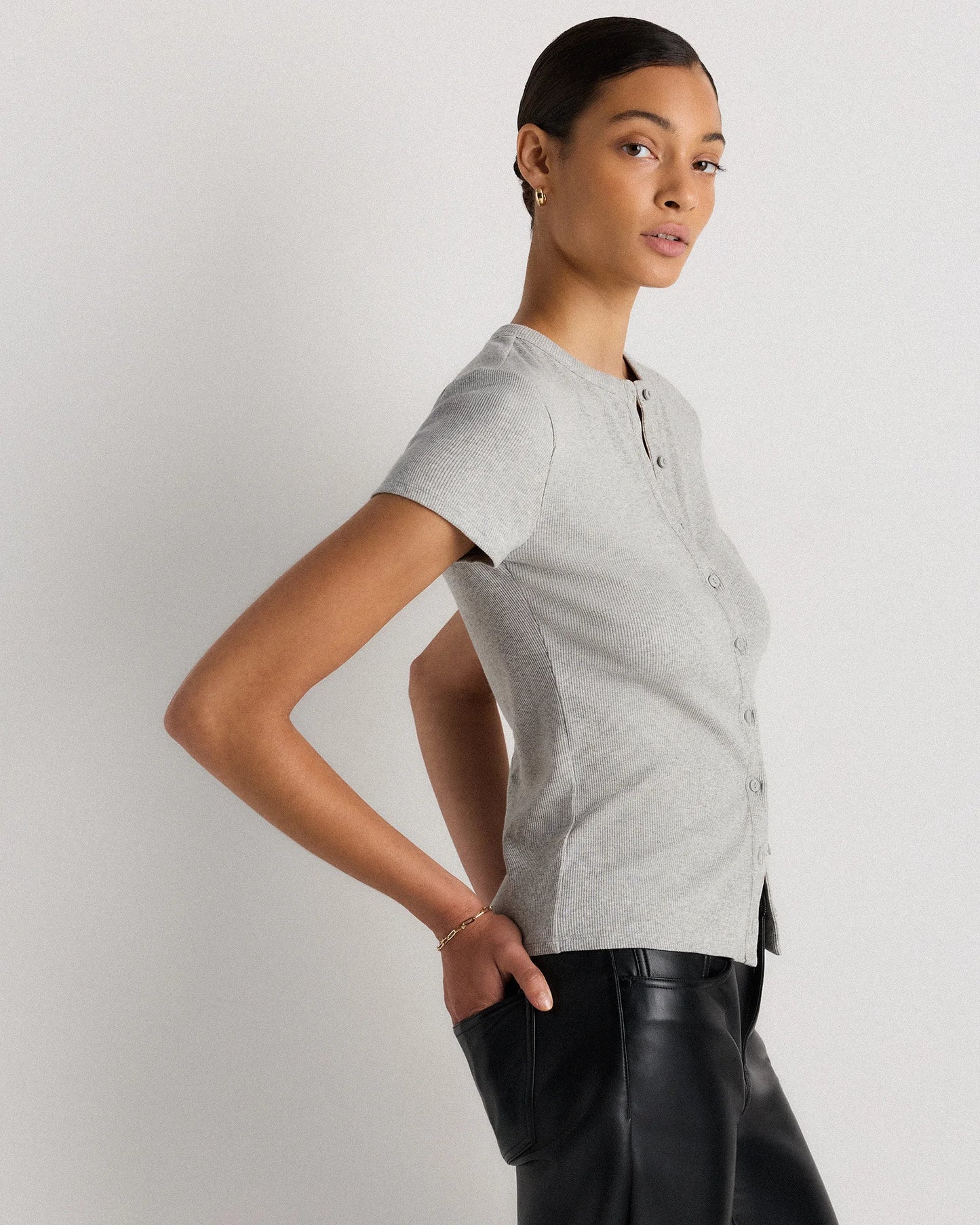 Organic Cotton Micro-Rib Button Tee - XS / Soft White