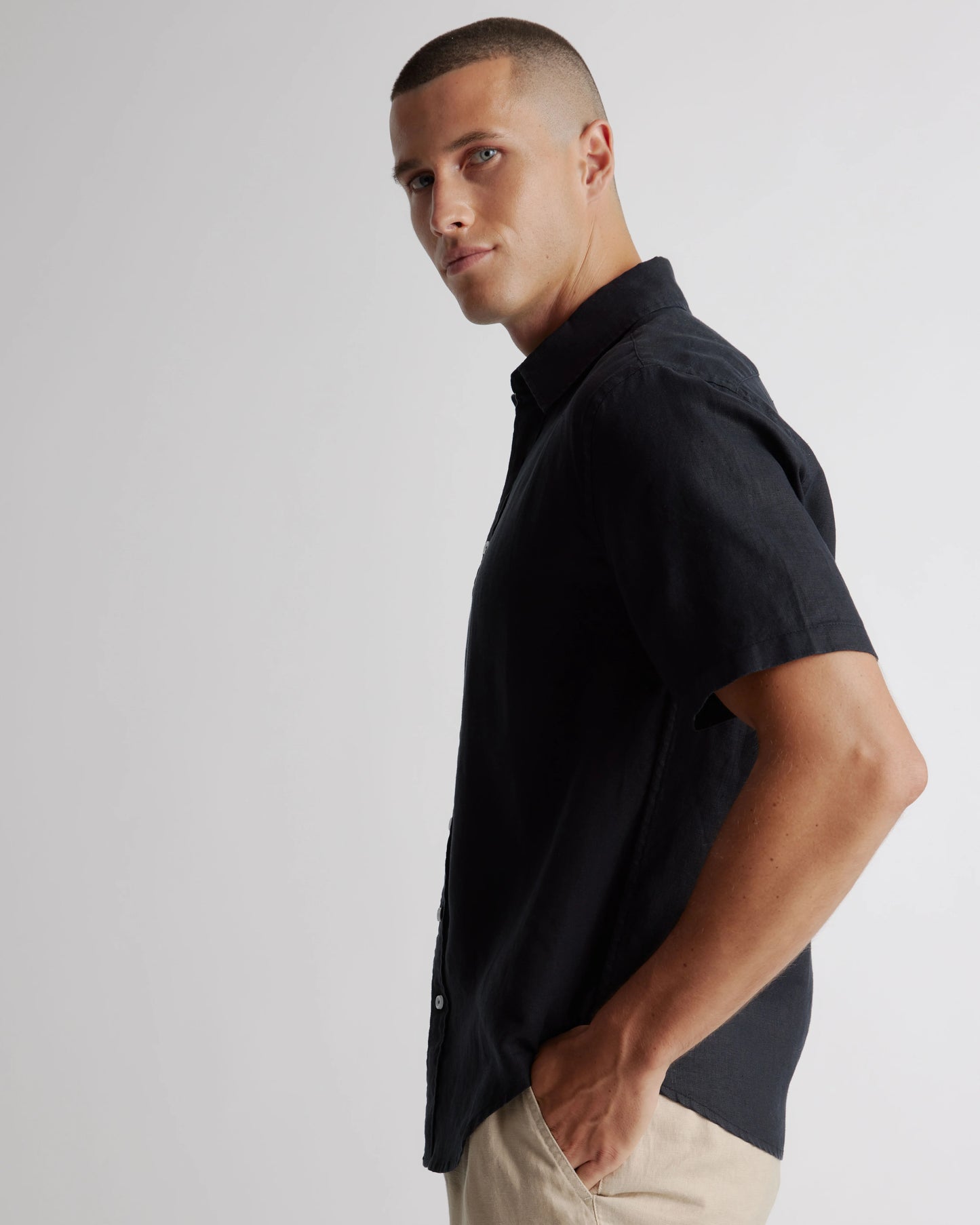100% European Linen Relaxed Short Sleeve Shirt - XS / Taupe Brown Chambray