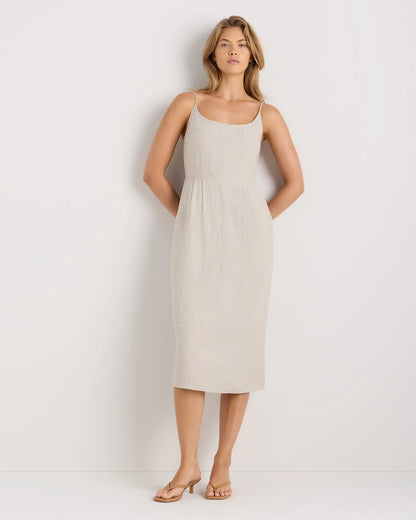 100% European Linen Scoop Neck Midi Dress - XS / Ivory Porcelain Blue Petite Floral