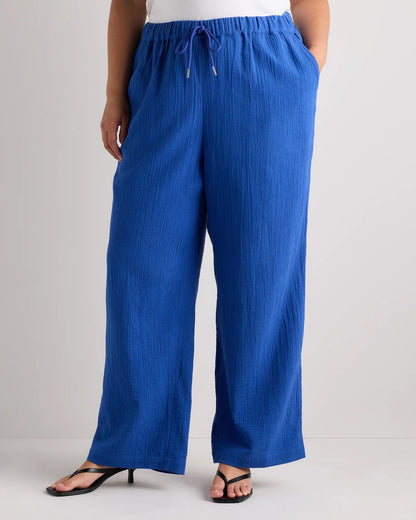 100% Organic Cotton Gauze Straight Leg Pants - 1X / Indigo Blue