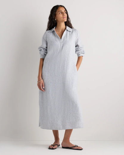 100% European Linen Popover Maxi Dress - XS / Blue Pinstripe