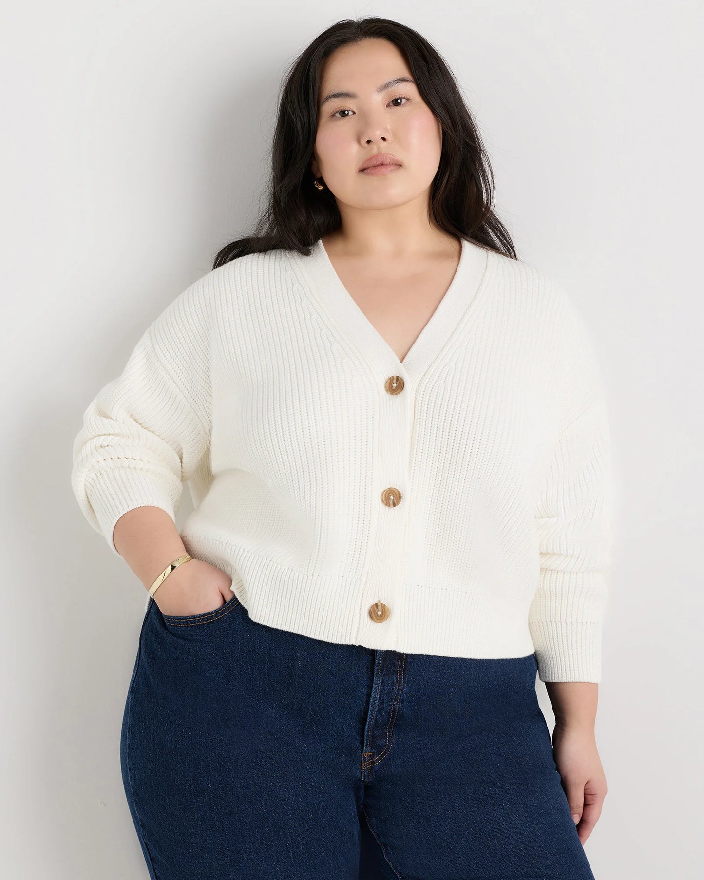 100% Organic Cotton Fisherman Boxy Cropped Cardigan - 1X / Black