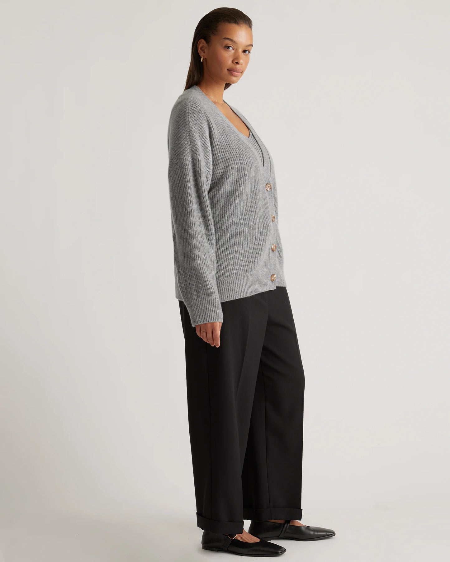 Mongolian Spring Cashmere Fisherman Boxy Cropped Cardigan Sweater - XS / Heather Grey