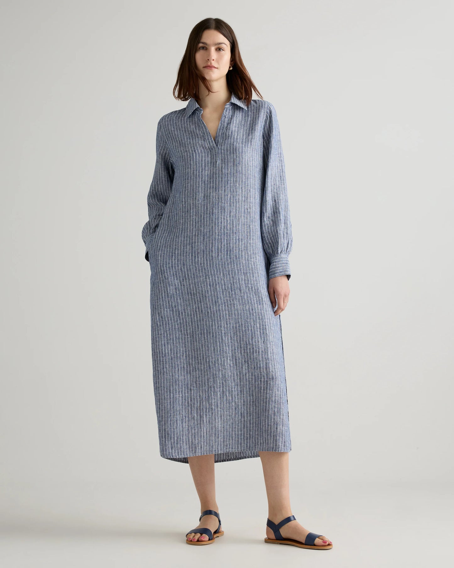 100% European Linen Popover Maxi Dress - XS / Blue Pinstripe