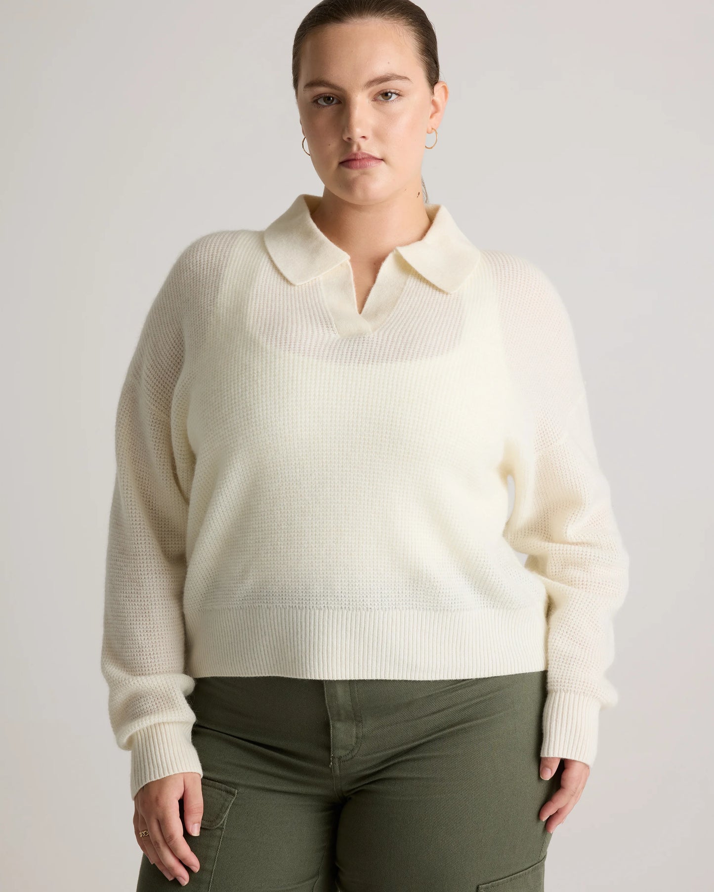 Baby Alpaca-Wool Waffle Stitch Polo Sweater - XS / Ivory