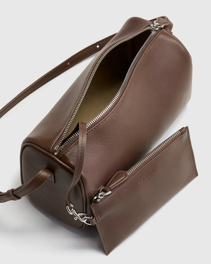 Italian Leather Mini Barrel Shoulder Bag - One Size / Dark Brown