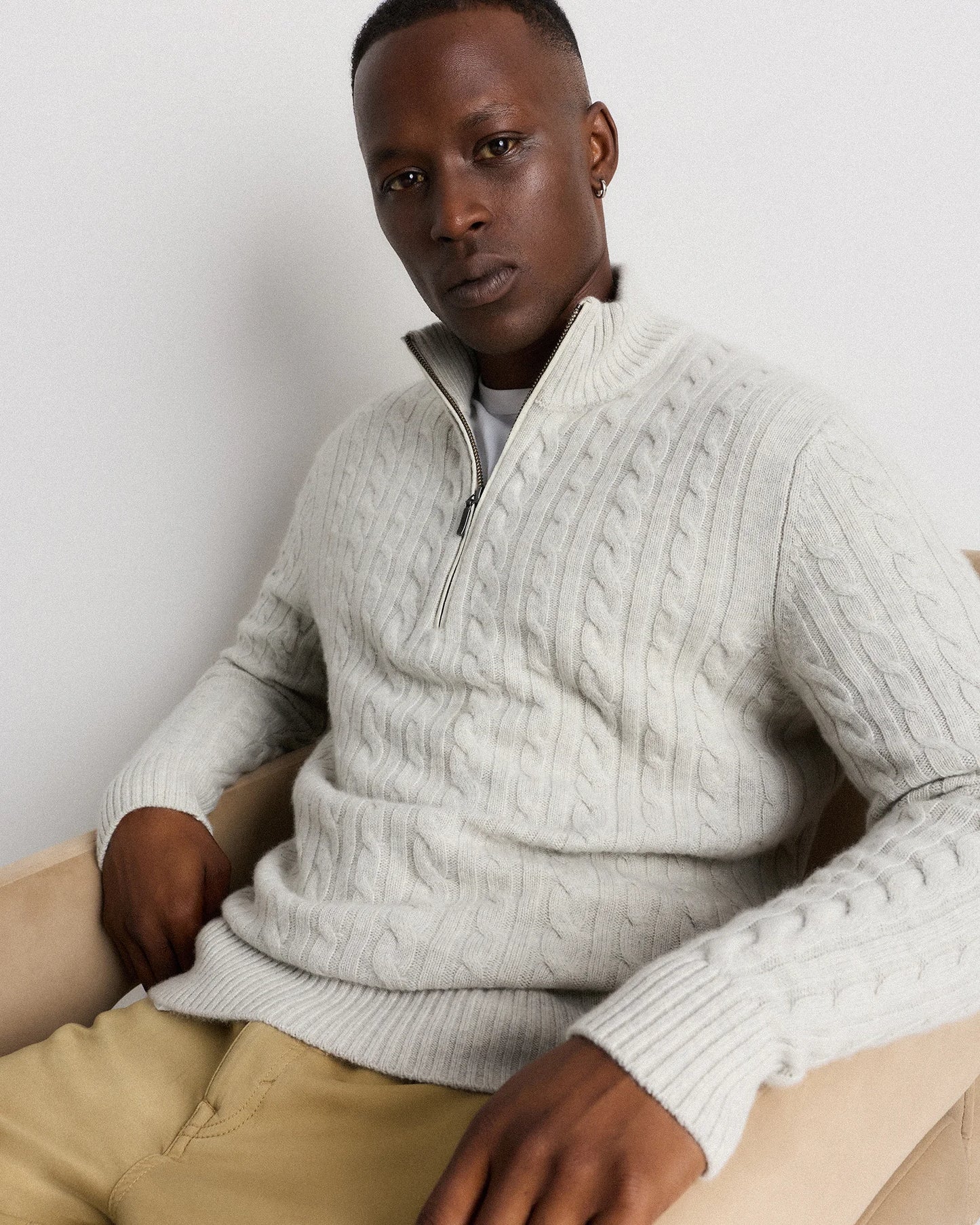 Luxe Baby Cashmere Cable Quarter Zip Sweater - S / Pearled Ivory