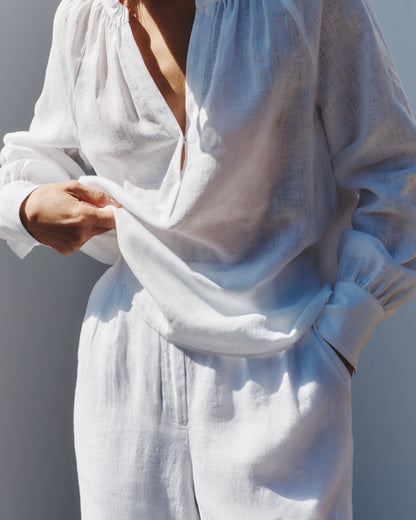 100% European Linen Peasant Top - XS / White