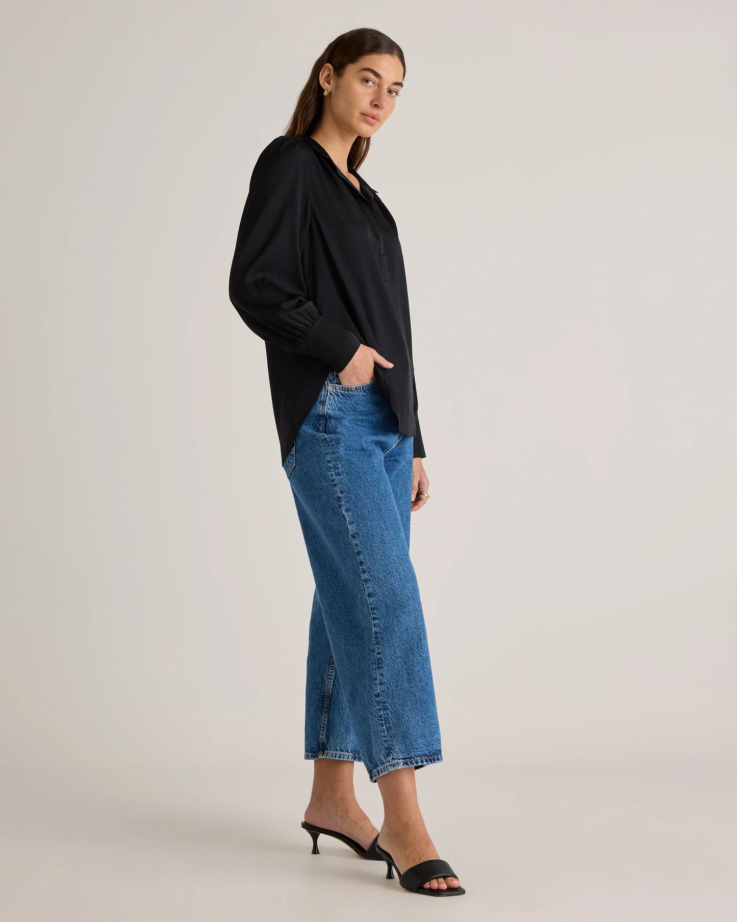 Washable Stretch Silk Split Neck Blouse - XS / Forest Green