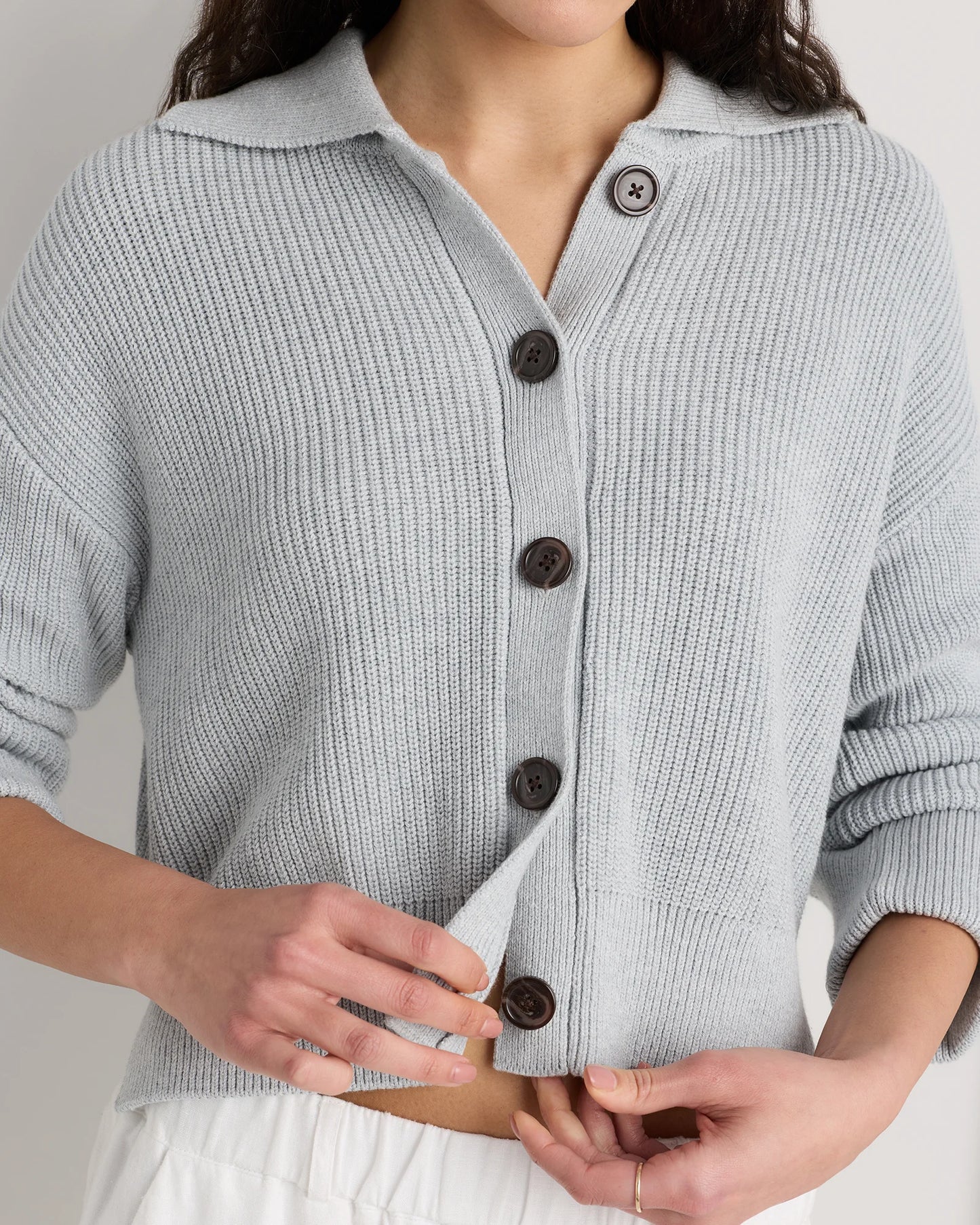 100% Organic Cotton Fisherman Collared Cardigan - XS / Heather Dove Grey