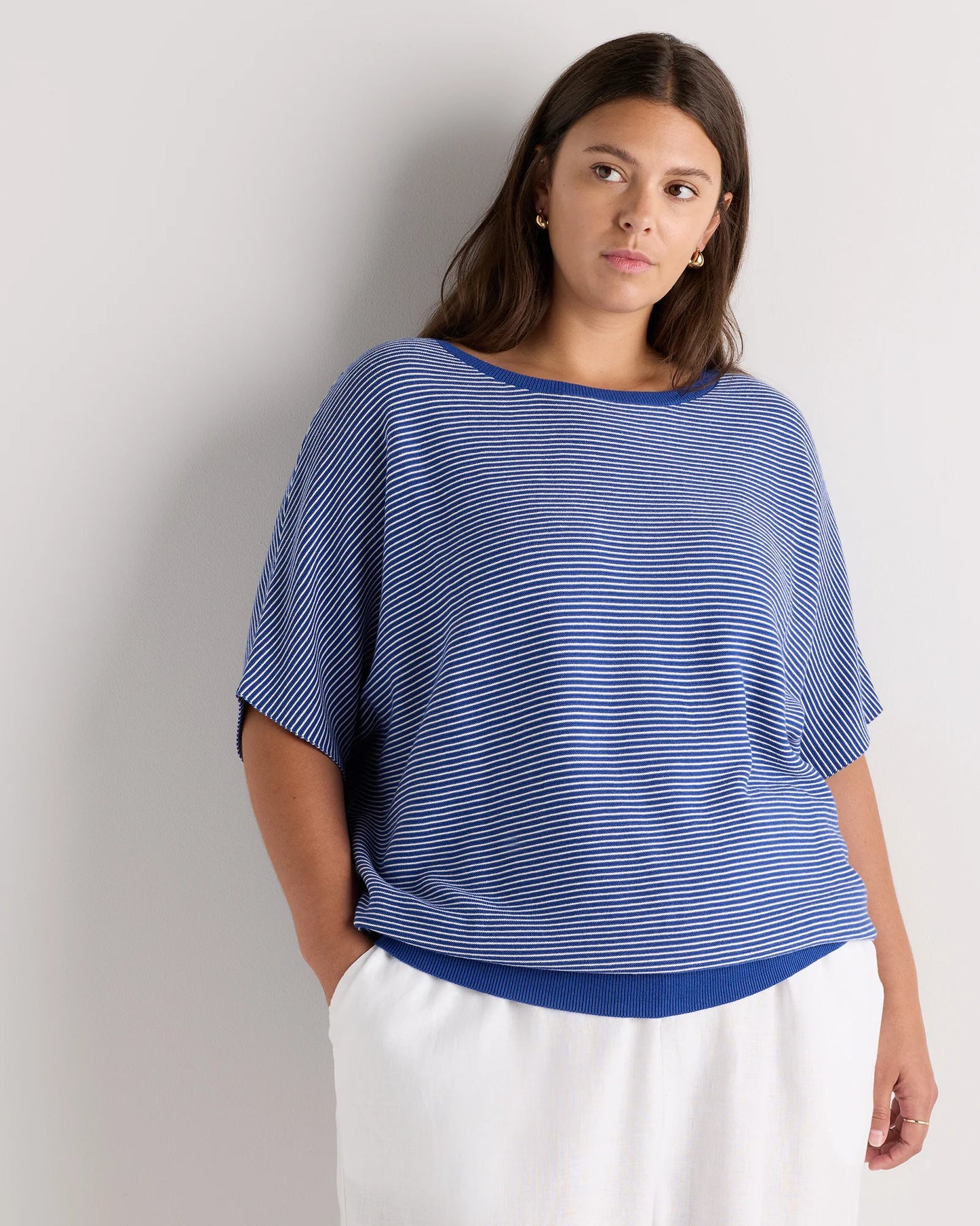 Lightweight Cotton Cashmere Link-Stitch Dolman Sweater - 1X / Orchid Blue Mini Stripe