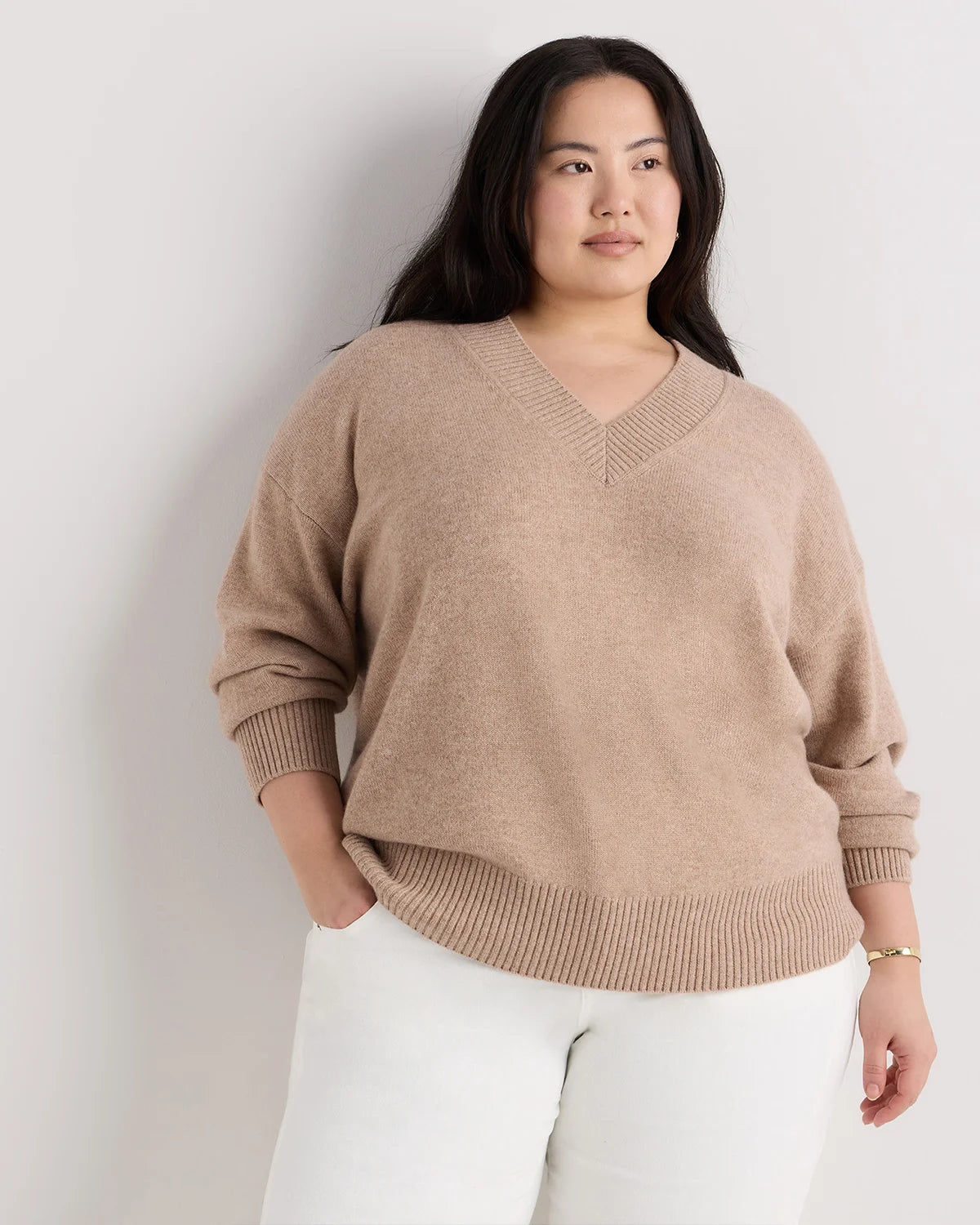 Mongolian Cashmere Oversized V-Neck Sweater - 1X / Pale Custard Yellow