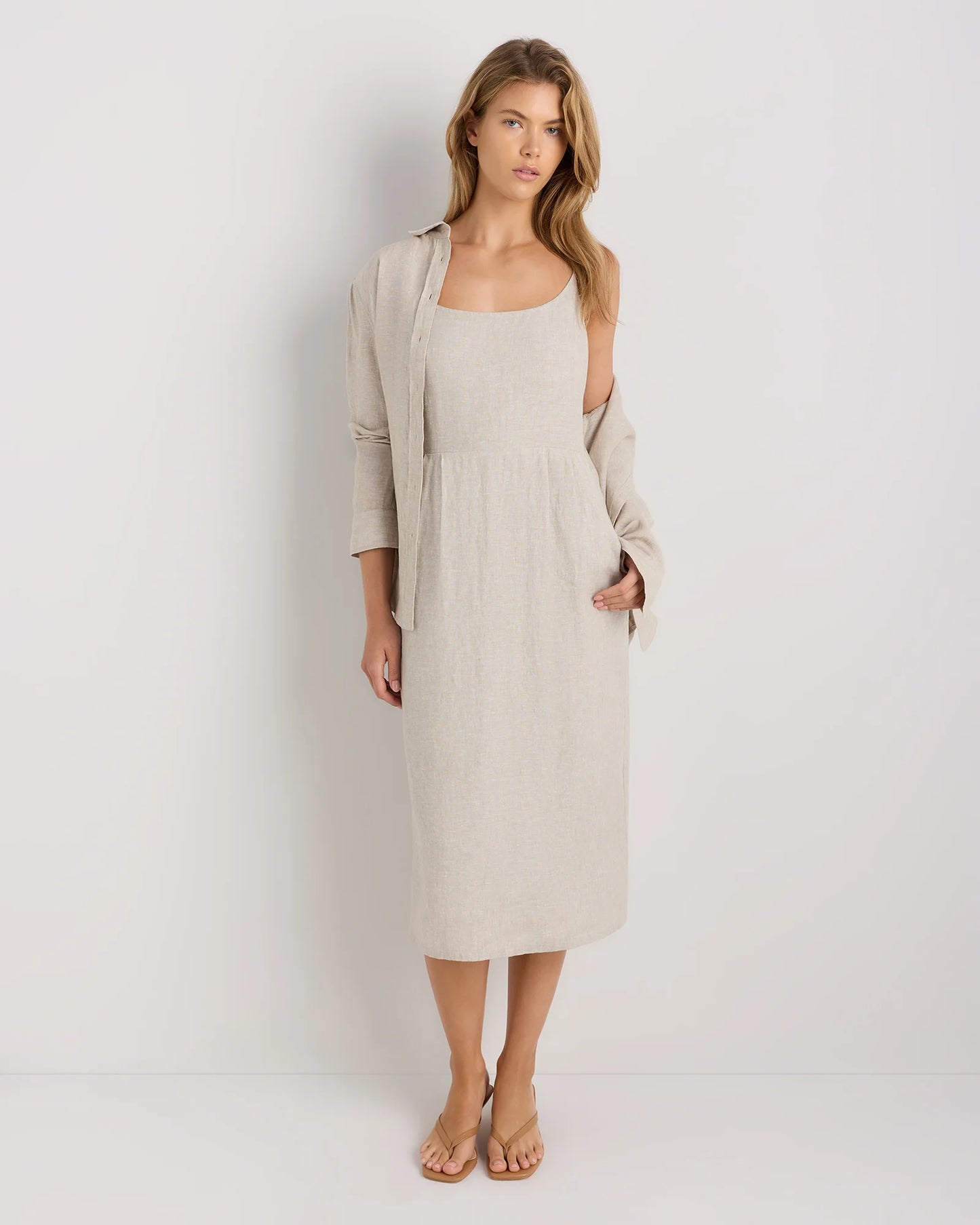 100% European Linen Scoop Neck Midi Dress - XS / Ivory Porcelain Blue Petite Floral