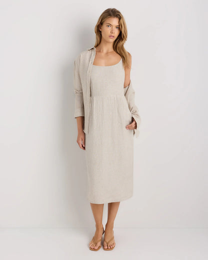 100% European Linen Scoop Neck Midi Dress - XS / Ivory Porcelain Blue Petite Floral