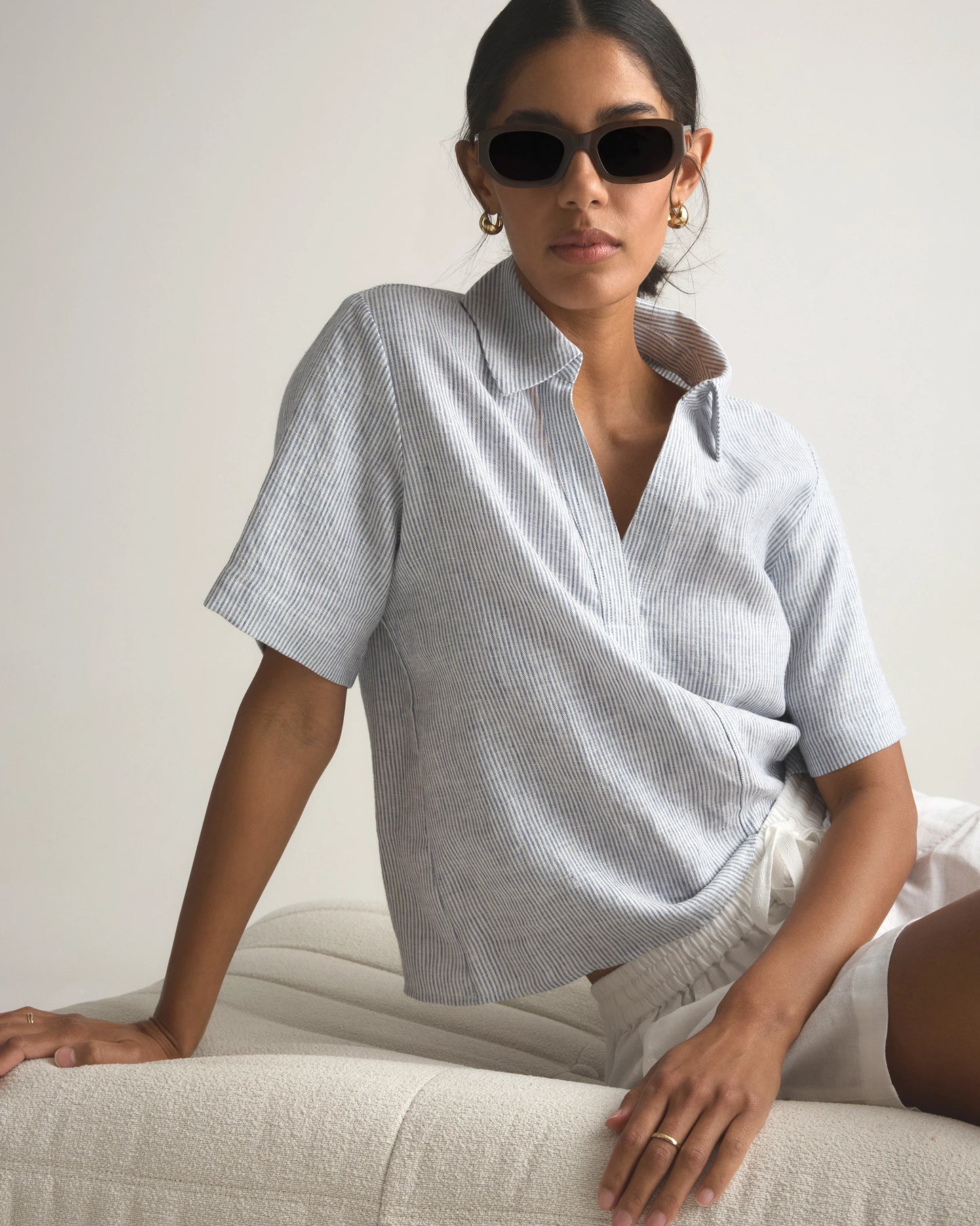 100% European Linen Short Sleeve Popover Top - XS / Blue Pinstripe