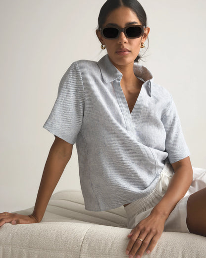 100% European Linen Short Sleeve Popover Top - XS / Blue Pinstripe
