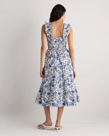 100% Organic Cotton Poplin Smocked Midi Dress - XS / Riviera Blue Heirloom Floral