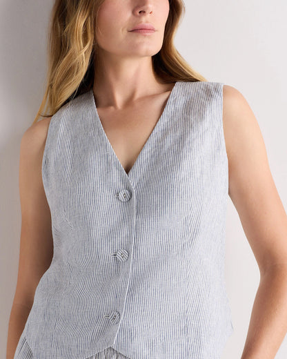 100% European Linen Vest - XS / Blue Pinstripe
