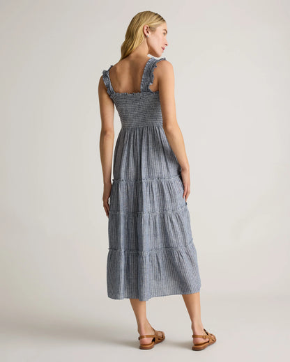 100% European Linen Smocked Midi Dress - XS / Ivory Porcelain Blue Petite Floral