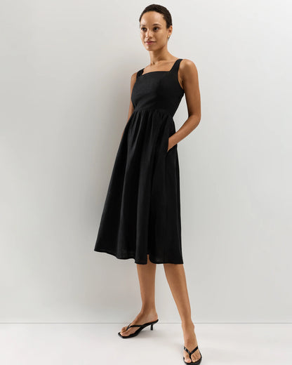 100% European Linen Fit & Flare Midi Dress - XS / Brick Red Heirloom Floral