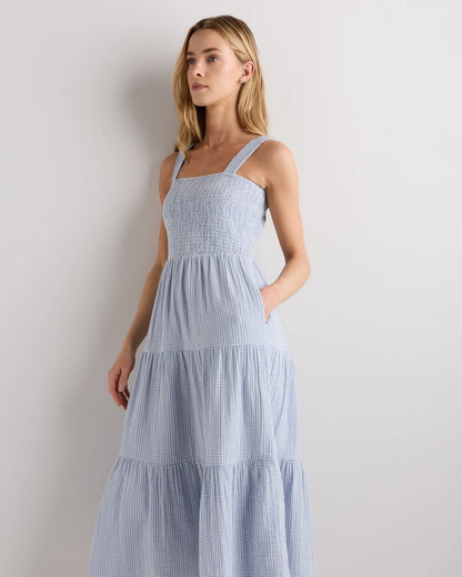 100% Organic Cotton Gauze Smocked Sleeveless Maxi Dress - XS / Blue Gingham