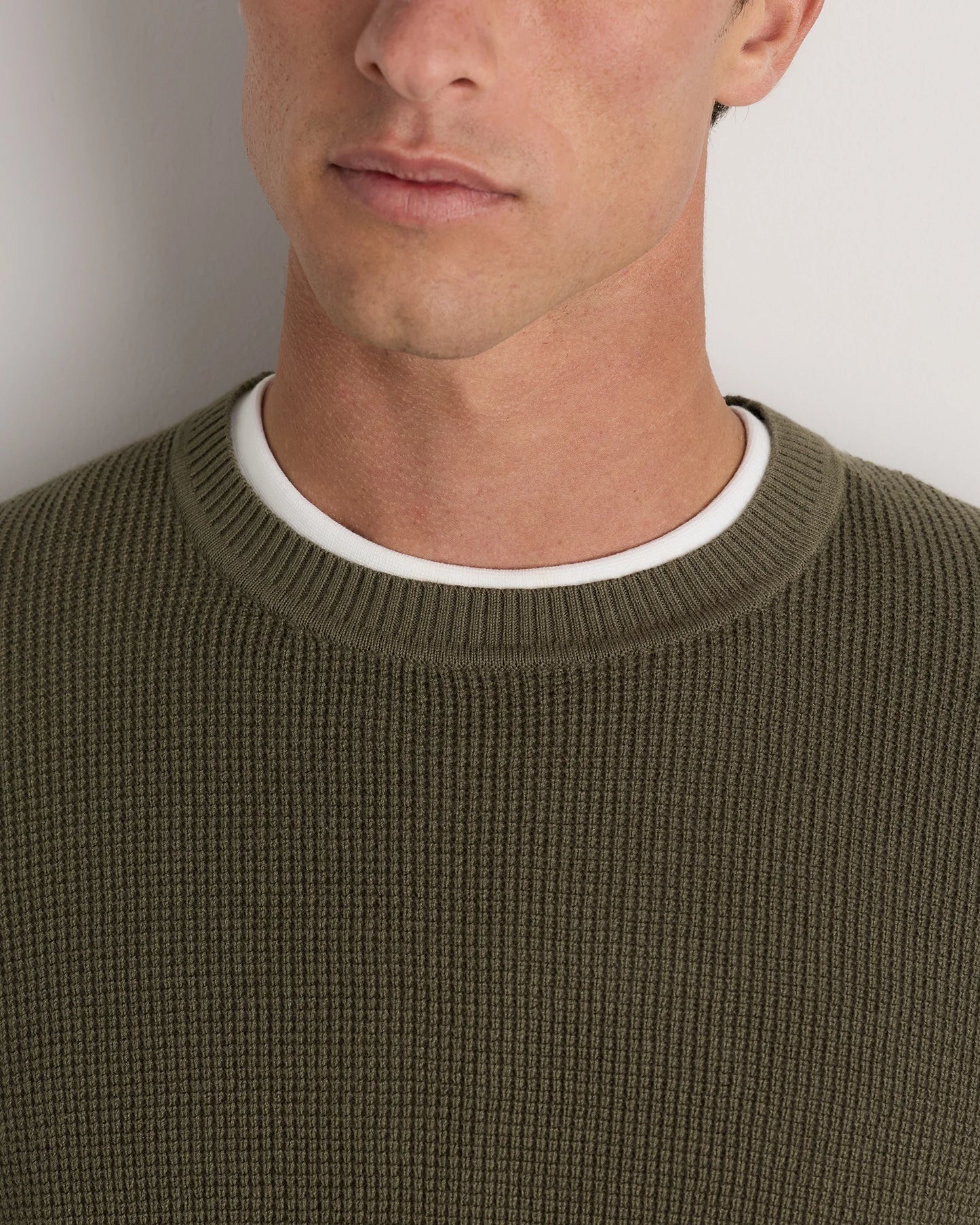 Organic Cotton Cashmere Waffle Crewneck Sweater - S / Bayberry Olive