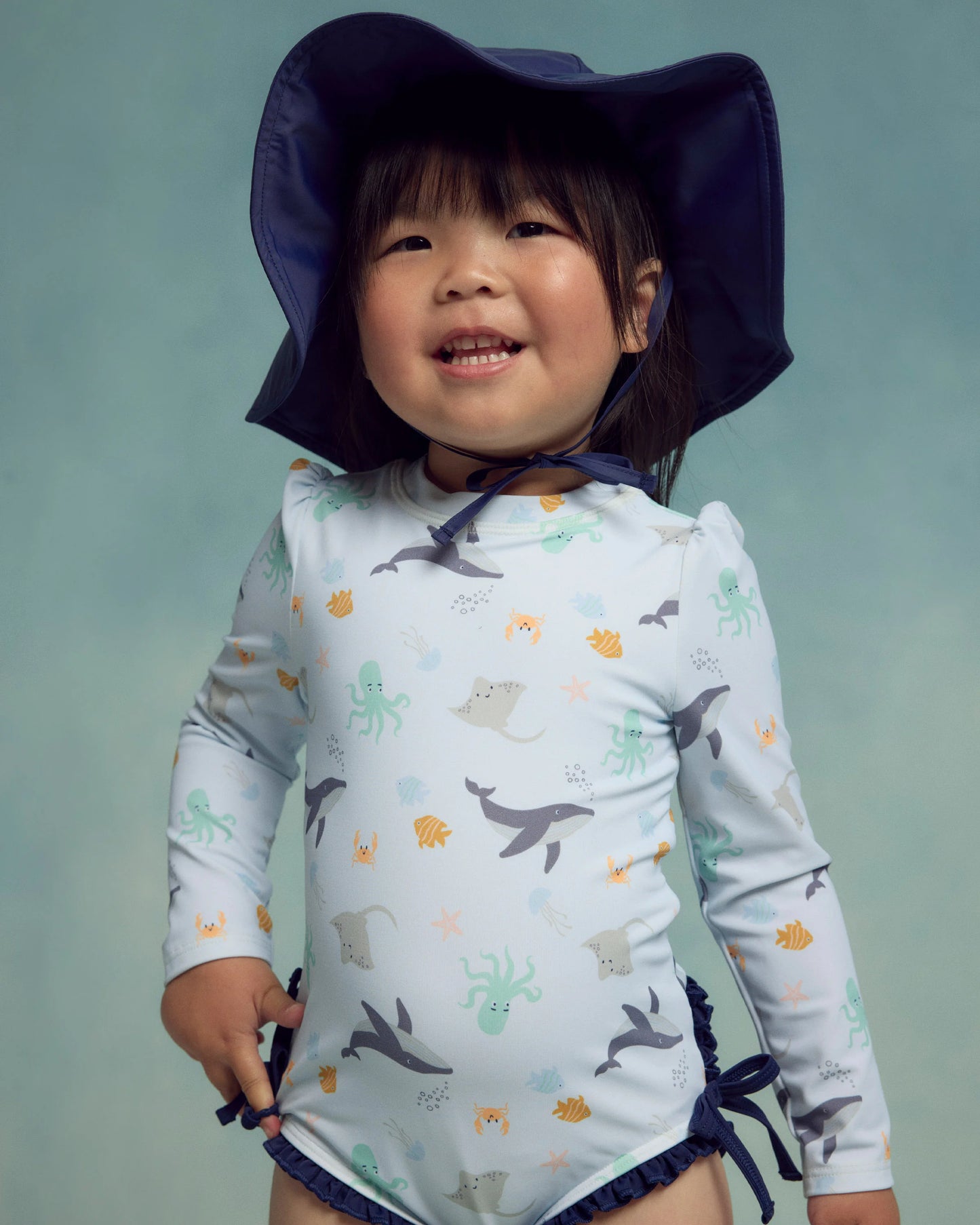 Sunsafe Ruffle One-Piece Rash Guard & Hat Set - 0-3M / Under the Sea/Waves