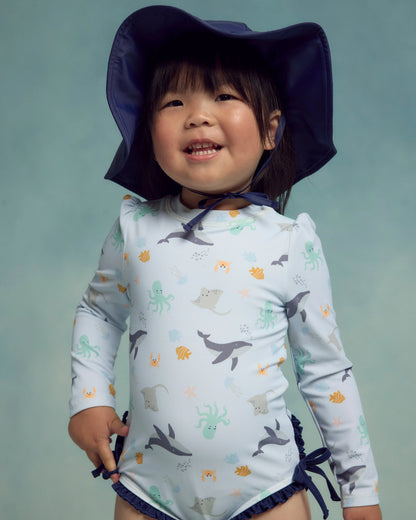 Sunsafe Ruffle One-Piece Rash Guard & Hat Set - 0-3M / Under the Sea/Waves