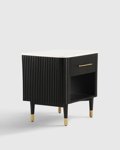 Fluted Wood and Genuine Marble Open Nightstand - One Size / Cream/Black
