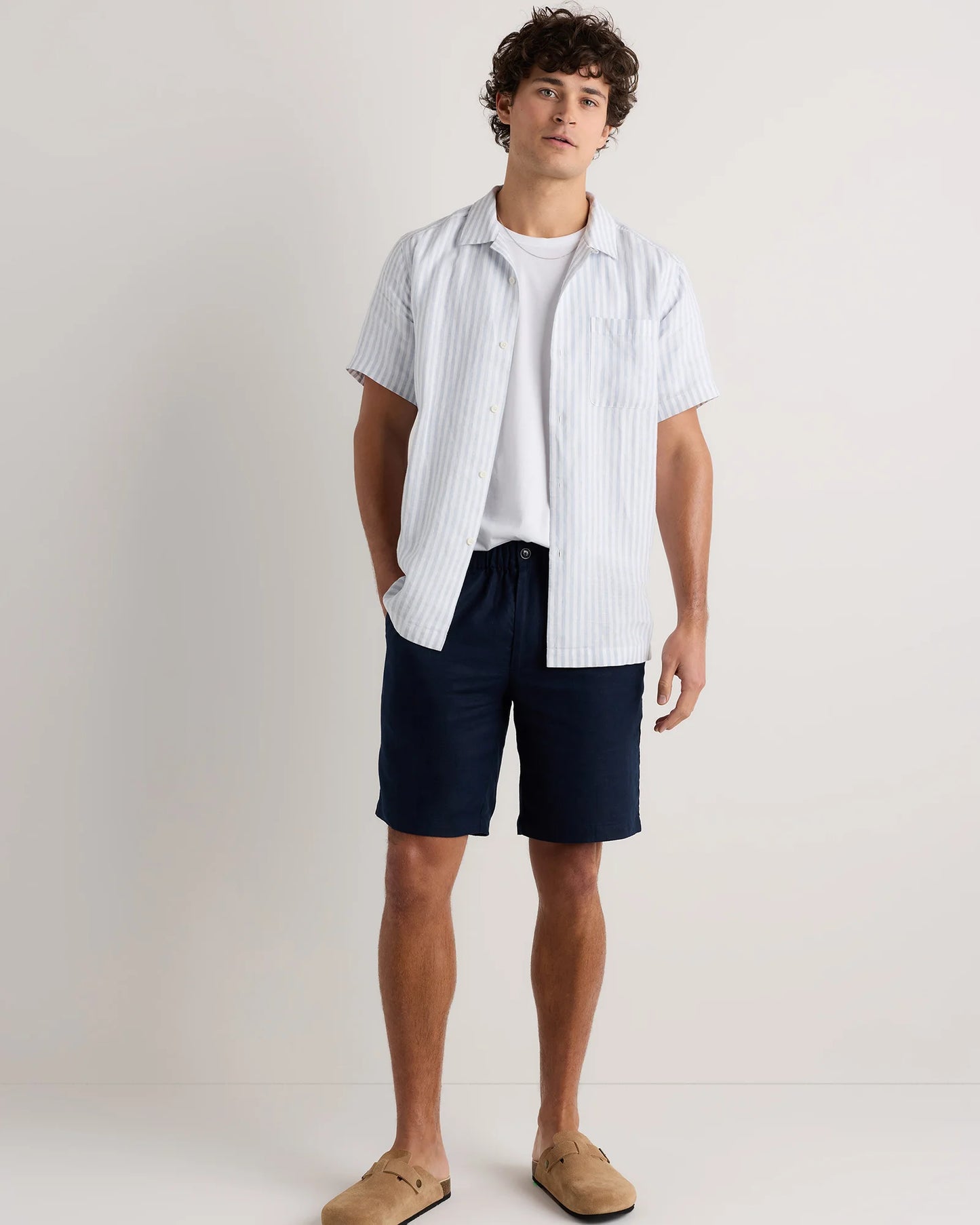 100% European Linen Camp Shirt - XS / Sky Blue Mariner Stripe