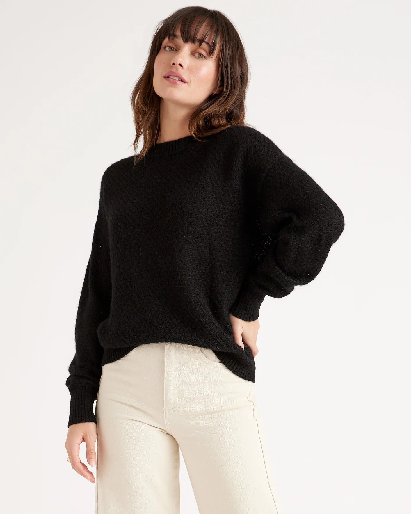 Baby Alpaca-Wool Diamond Stitch Crew - XS / Charcoal