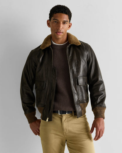 Shearling Collar Leather Flight Jacket - S / True Black