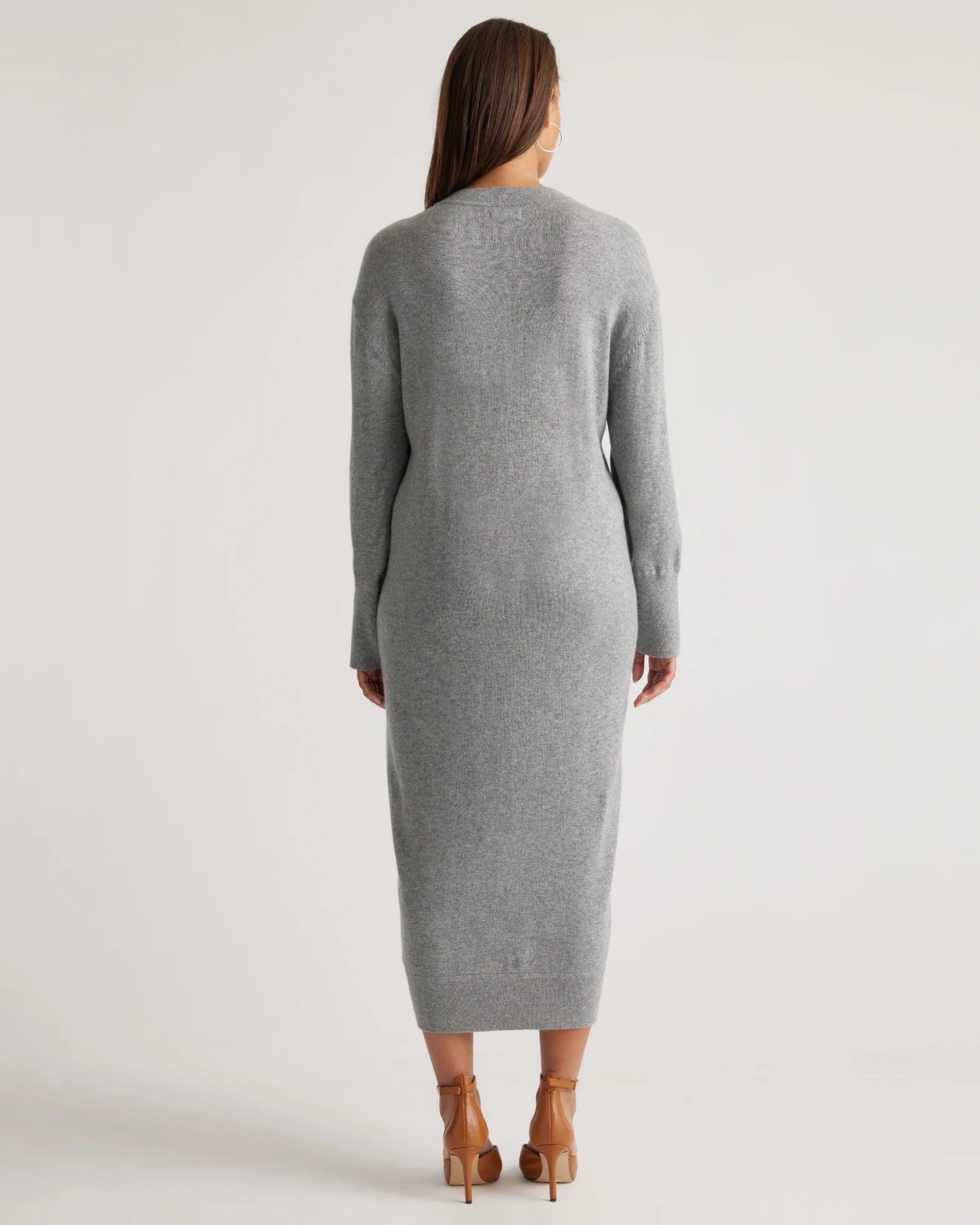 Mongolian Cashmere V-Neck Midi Sweater Dress - XS / Brown