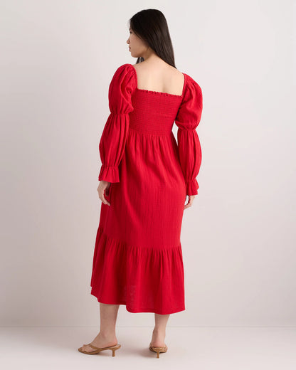 100% Organic Cotton Gauze Maternity Smocked Midi Dress - XS / Wild Cherry