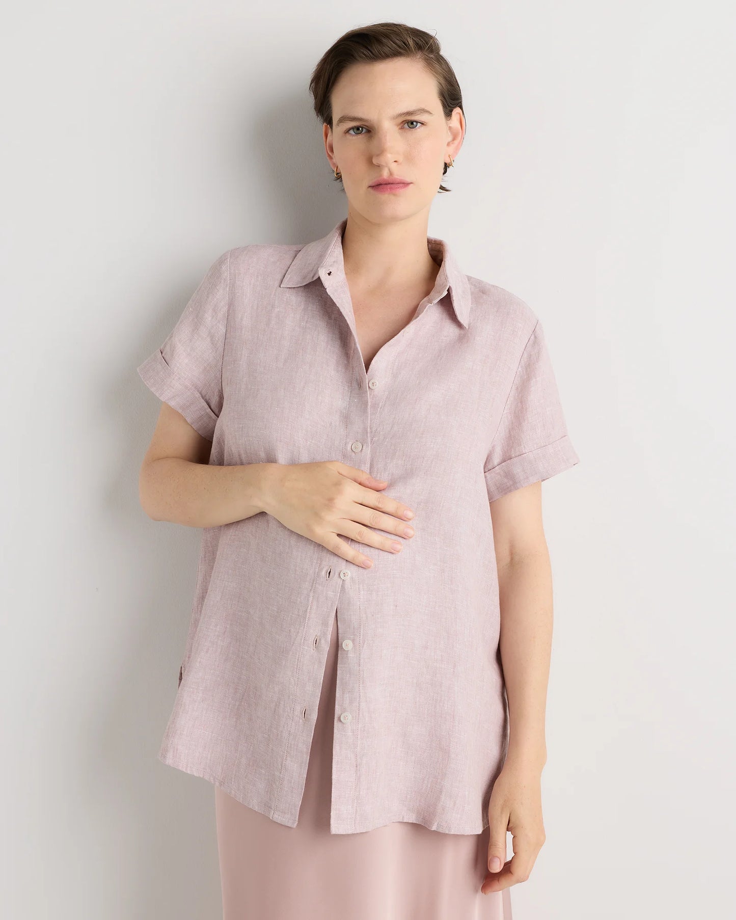 100% European Linen Maternity Camp Shirt - XS / Blue Pinstripe
