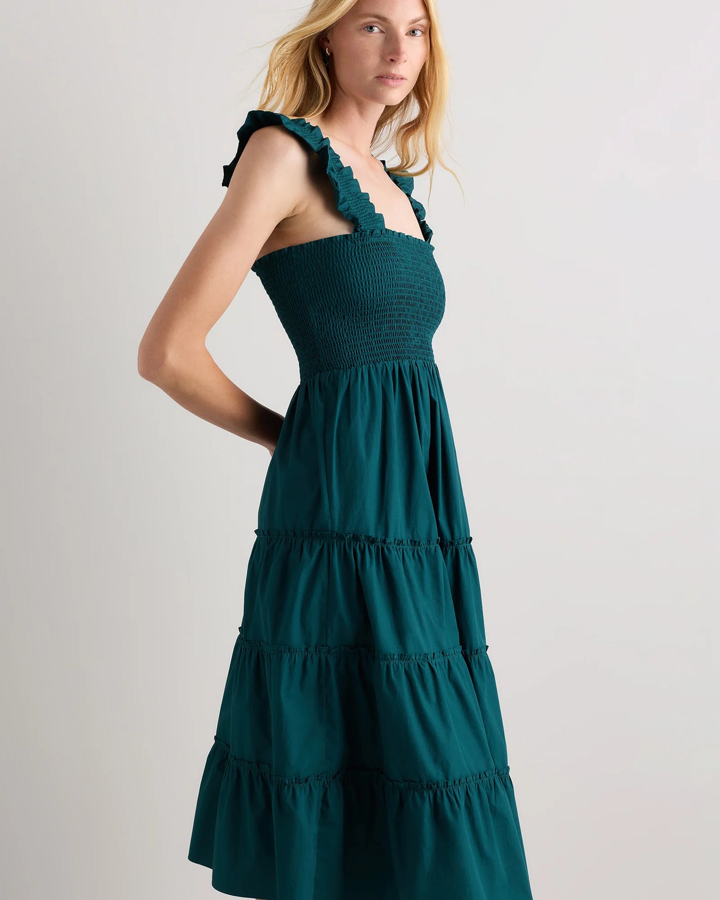 100% Organic Cotton Poplin Smocked Midi Dress - XS / Riviera Blue Heirloom Floral