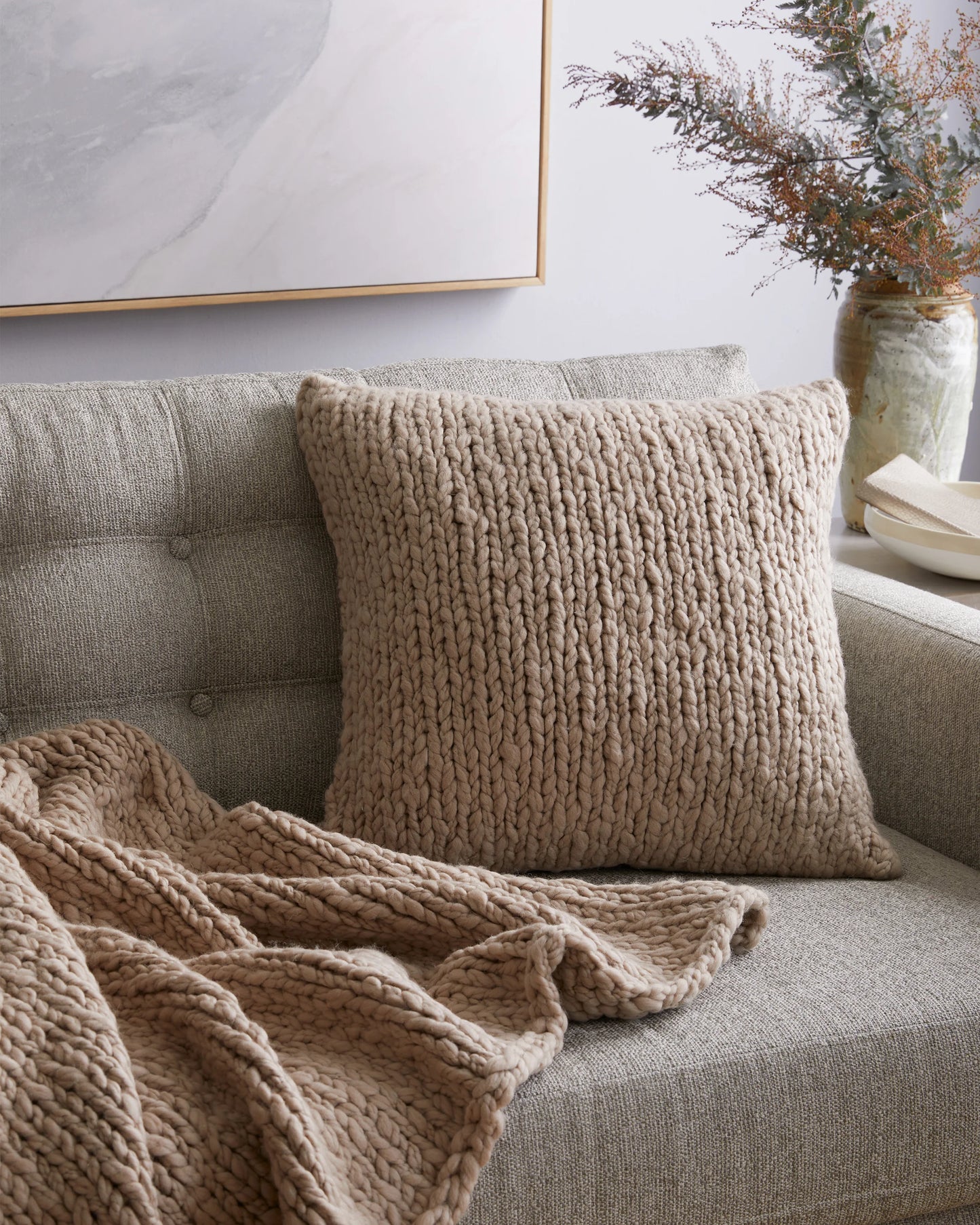 Chunky Hand Knit Wool Pillow Cover - 20x20 / Neutral