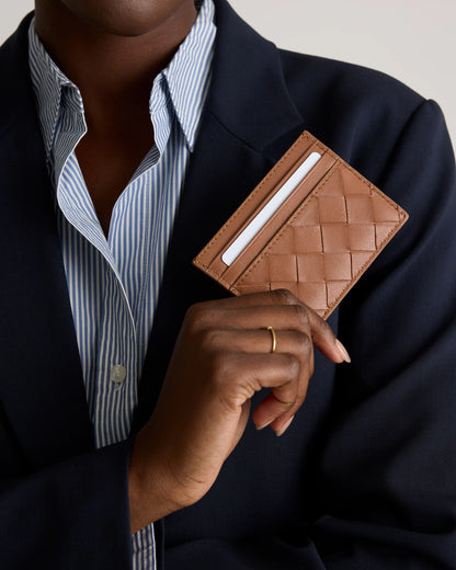 Italian Handwoven Leather Small Card Case - One Size / Cognac