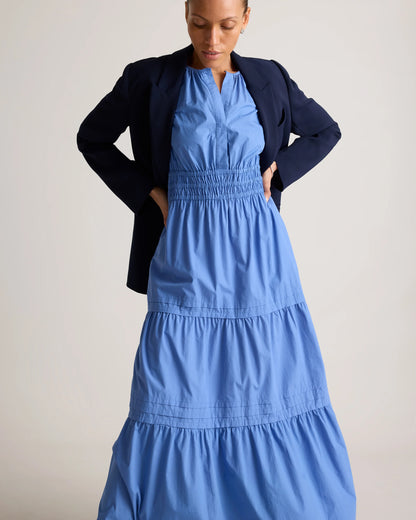100% Organic Cotton Poplin Tiered Maxi Dress - XS / Riviera Blue Heirloom Floral