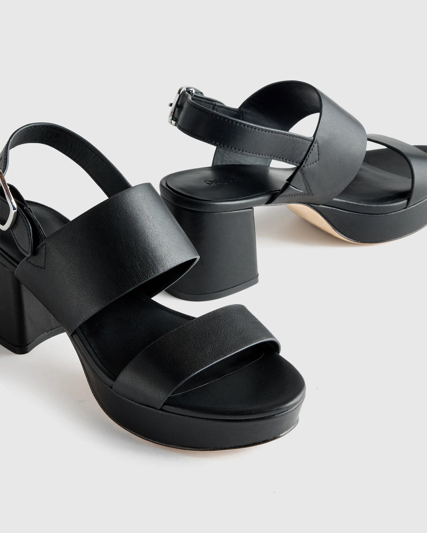 Italian Leather Double Band Block Heel Sandal - 5 / Black